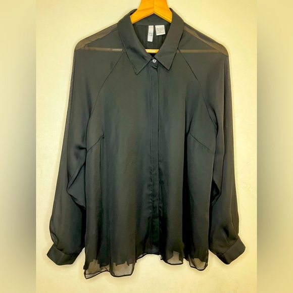 Sami & Jo Black Sheer Button-Up Swing Blouse Pleated Back Women’s Size XL - Picture 1 of 3